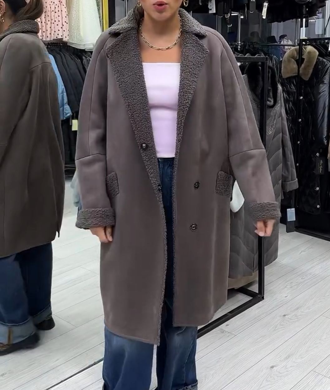 Elegant Office Reversible Taupe Shearling Coat