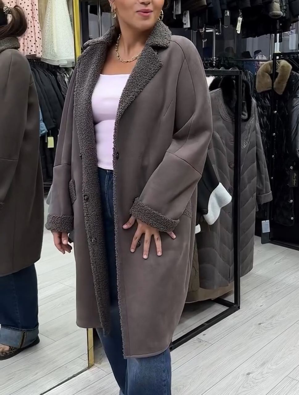 Elegant Office Reversible Taupe Shearling Coat
