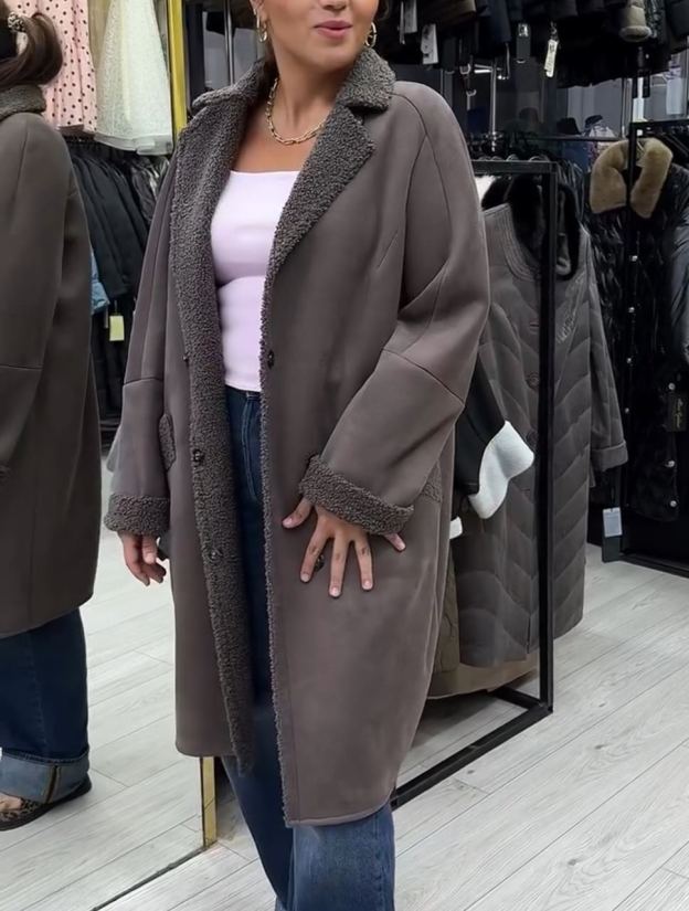 Elegant Office Reversible Taupe Shearling Coat