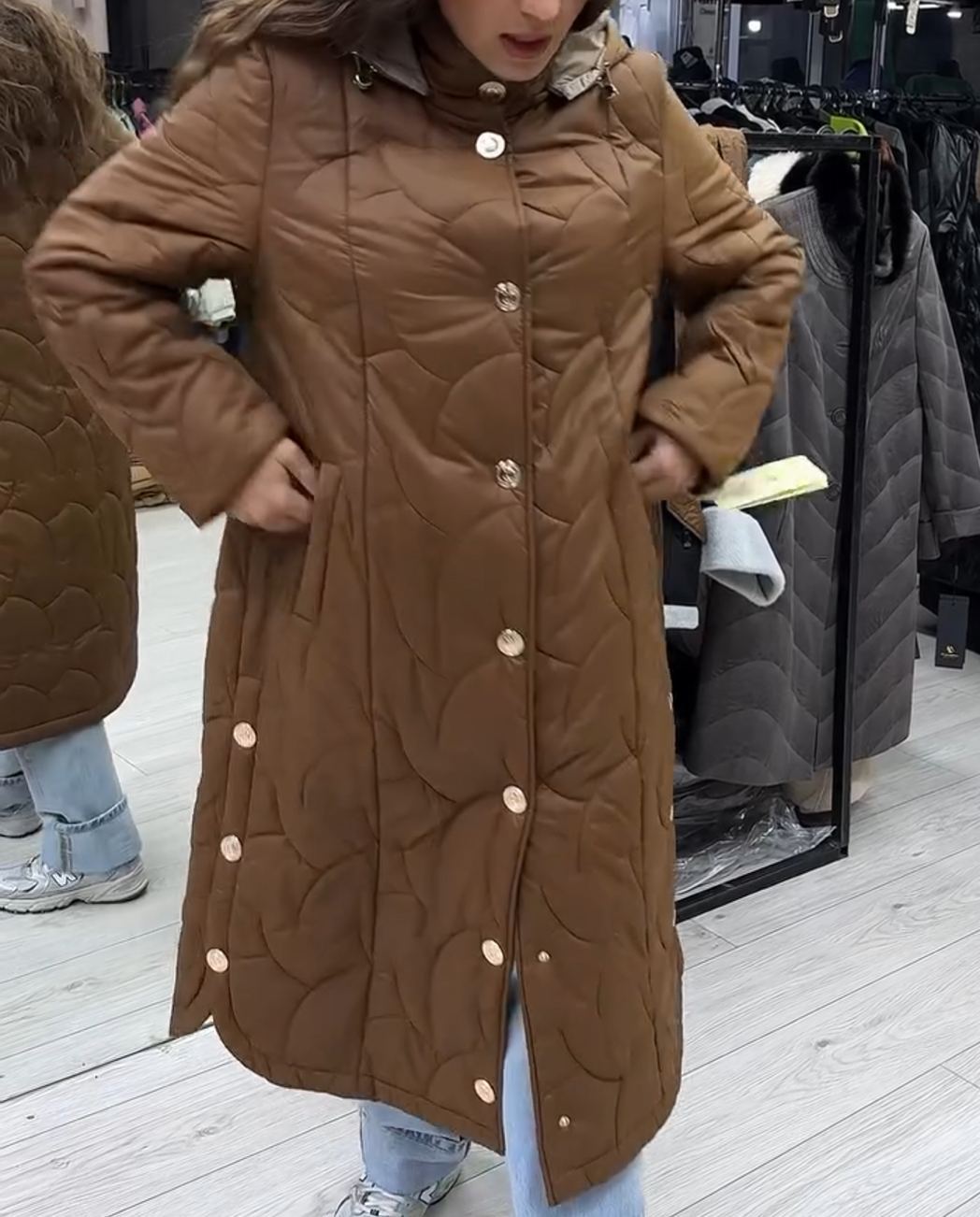 Fashion Waist-Tie Brown Quilted Down Coat