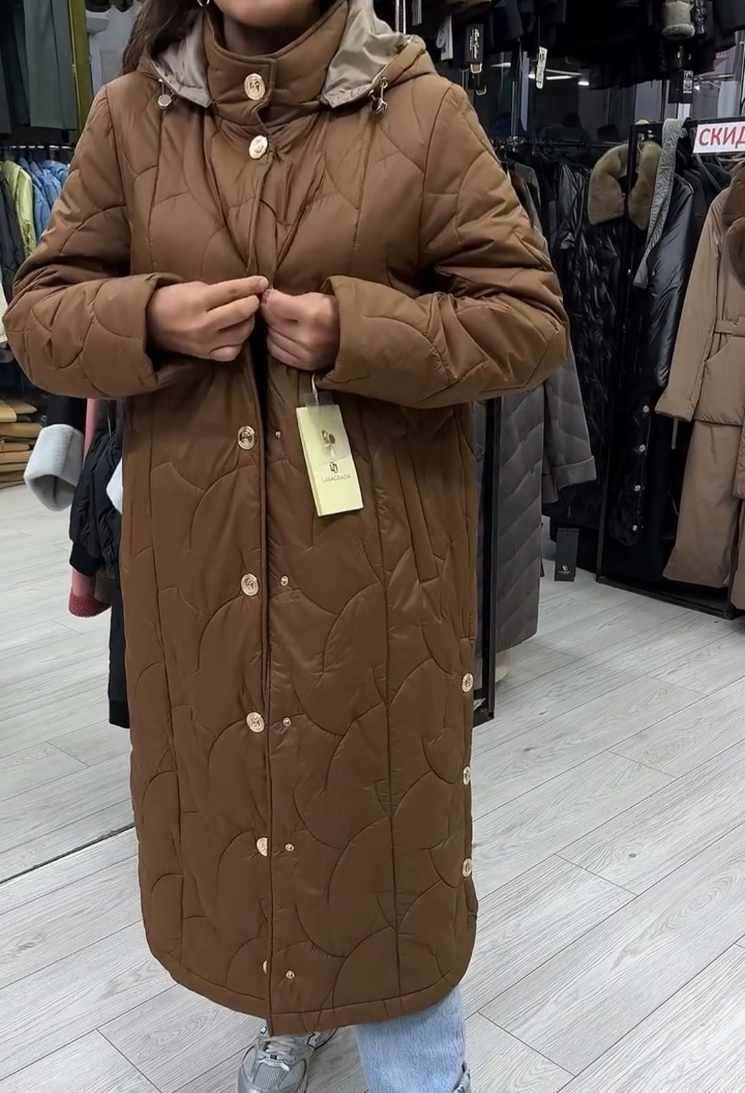 Fashion Waist-Tie Brown Quilted Down Coat