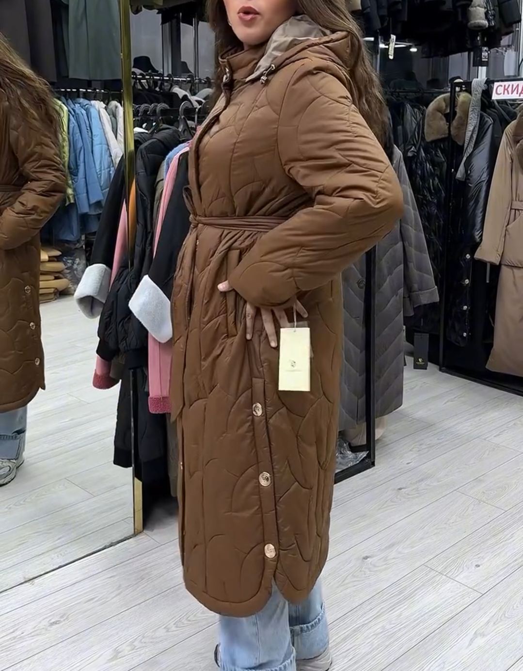 Fashion Waist-Tie Brown Quilted Down Coat