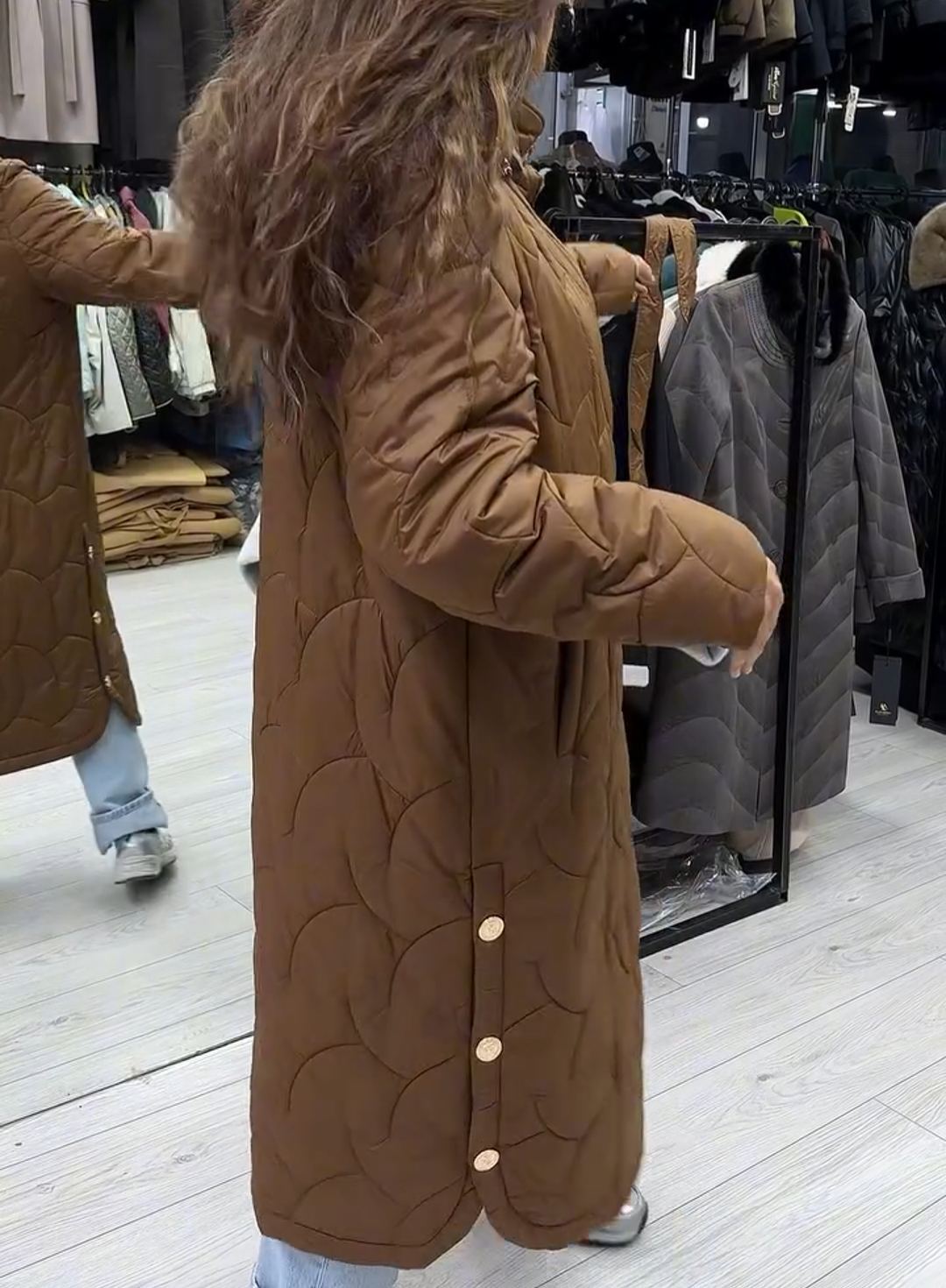 Fashion Waist-Tie Brown Quilted Down Coat