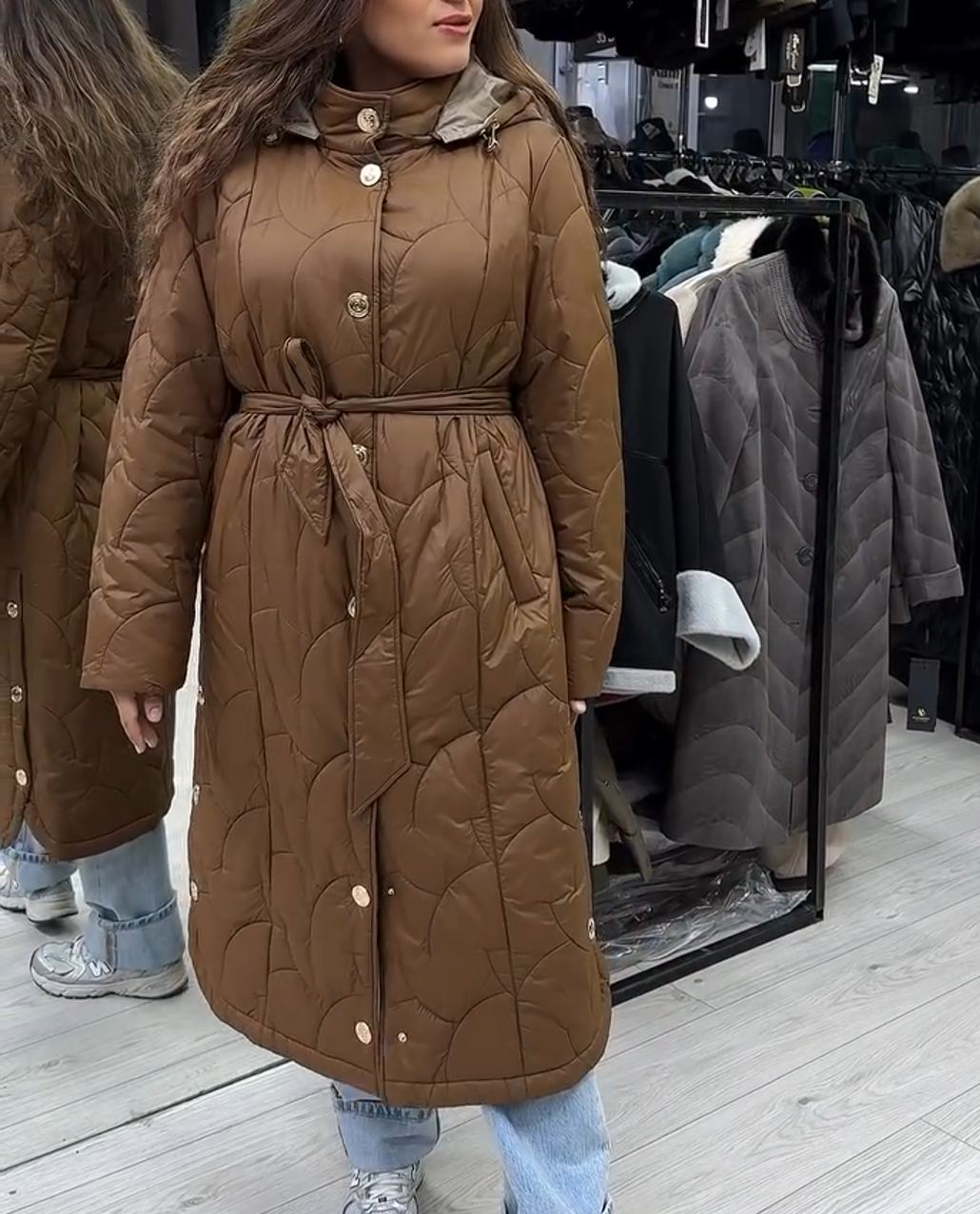 Fashion Waist-Tie Brown Quilted Down Coat