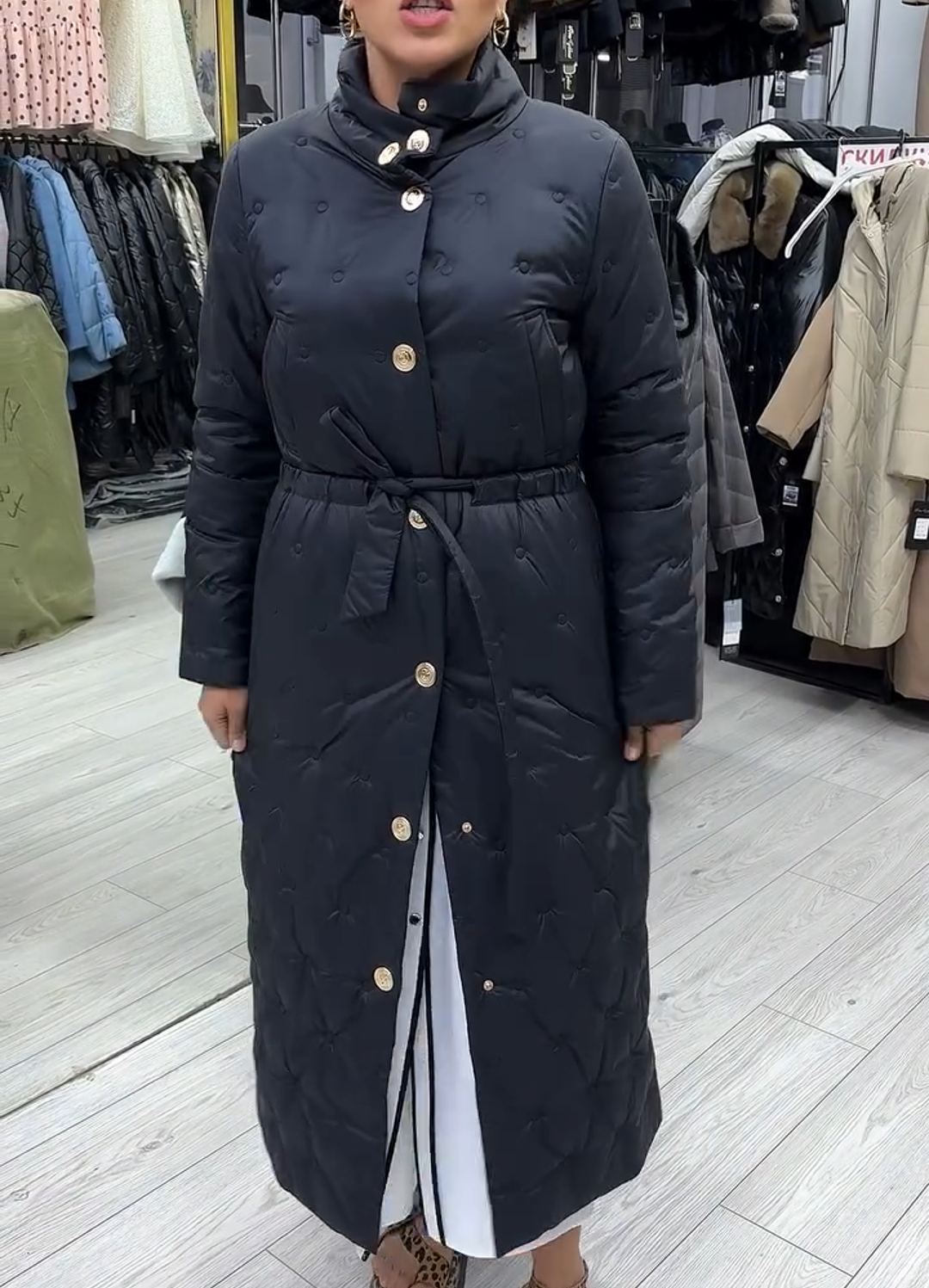 Vintage Gold-Button Black Full-Length Down Coat