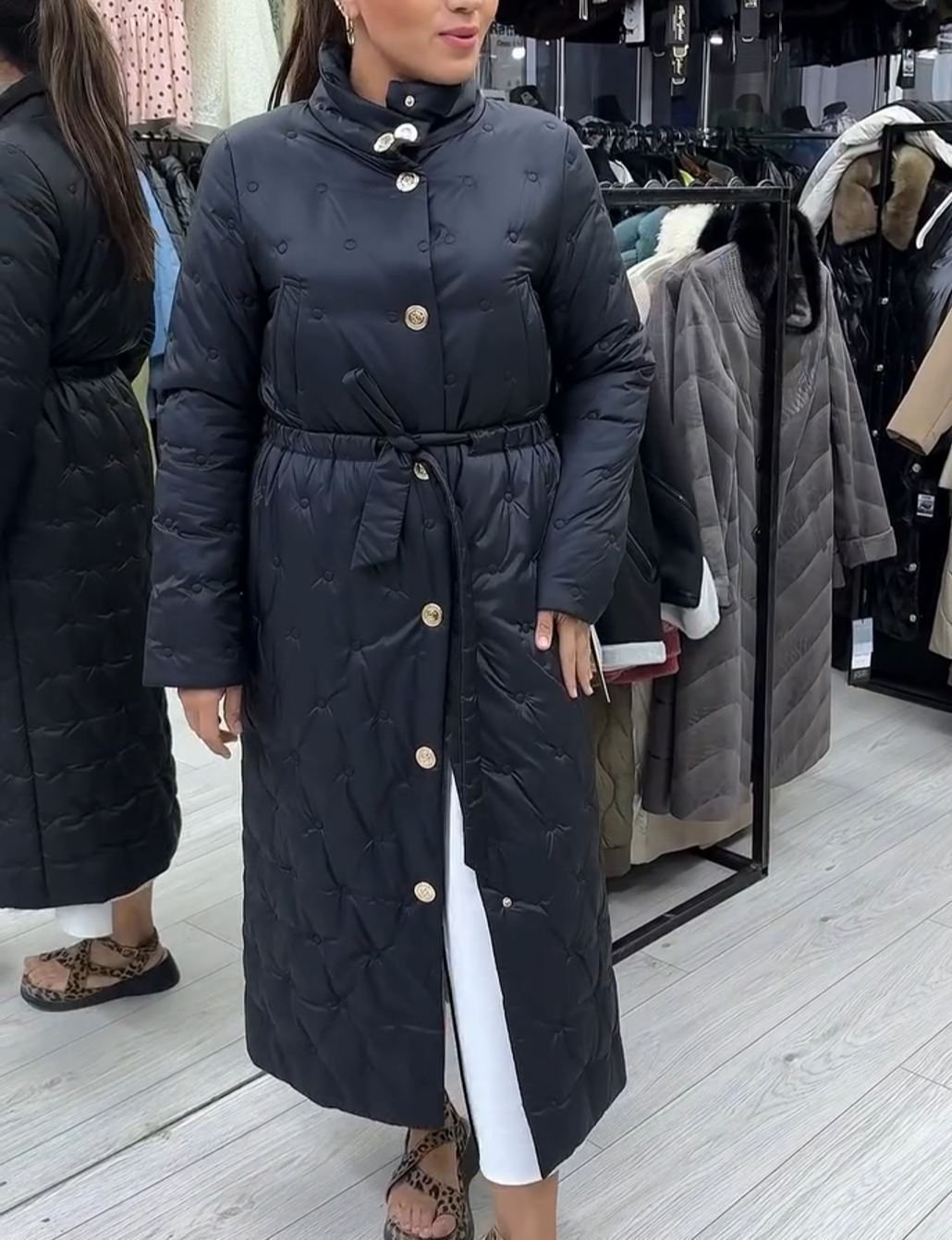 Vintage Gold-Button Black Full-Length Down Coat