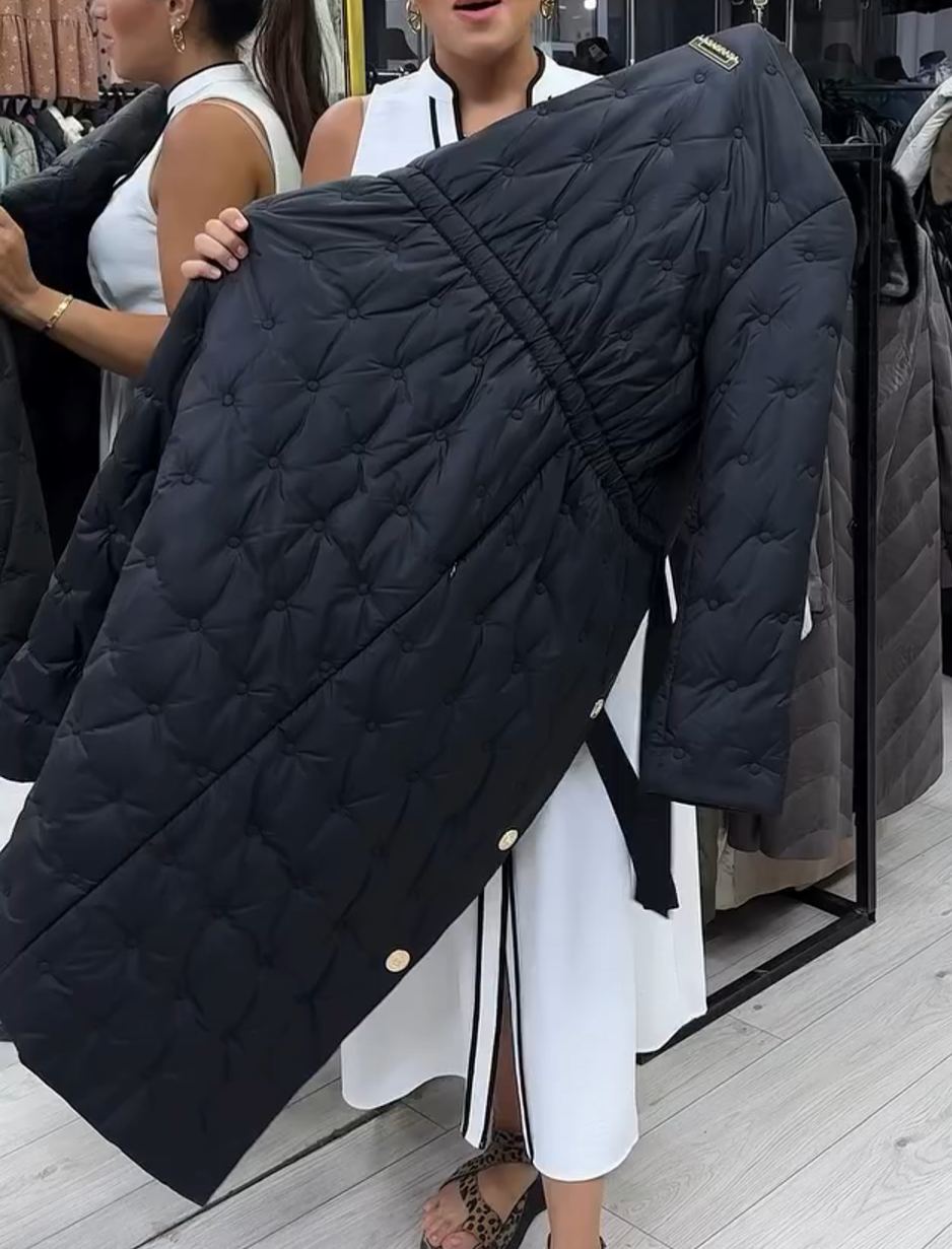 Vintage Gold-Button Black Full-Length Down Coat