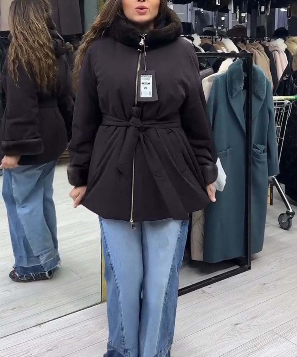 Urban Casual Dark Brown Down Coat with Waist Belt