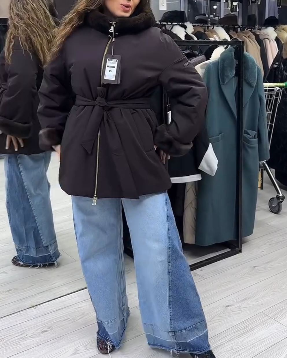 Urban Casual Dark Brown Down Coat with Waist Belt