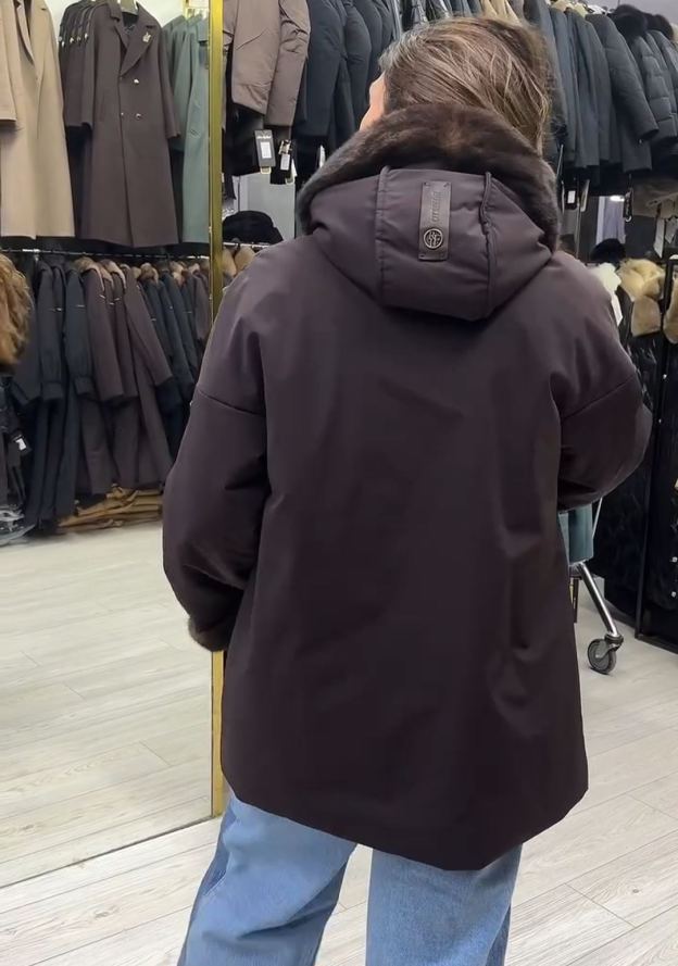 Urban Casual Dark Brown Down Coat with Waist Belt