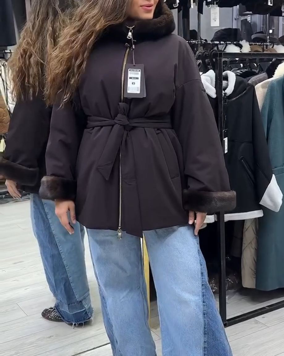 Urban Casual Dark Brown Down Coat with Waist Belt