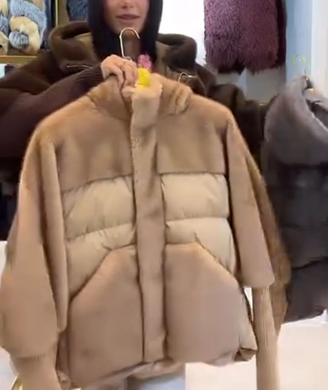 Fashion Luxe-Warm Brown Down Coat with Faux Fur Hood