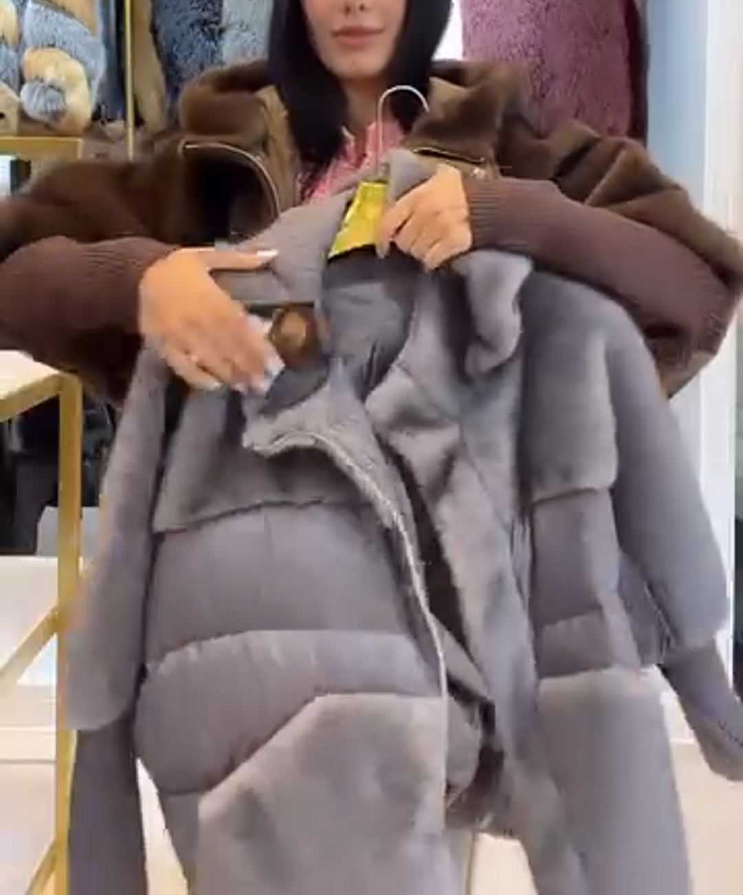 Fashion Luxe-Warm Brown Down Coat with Faux Fur Hood