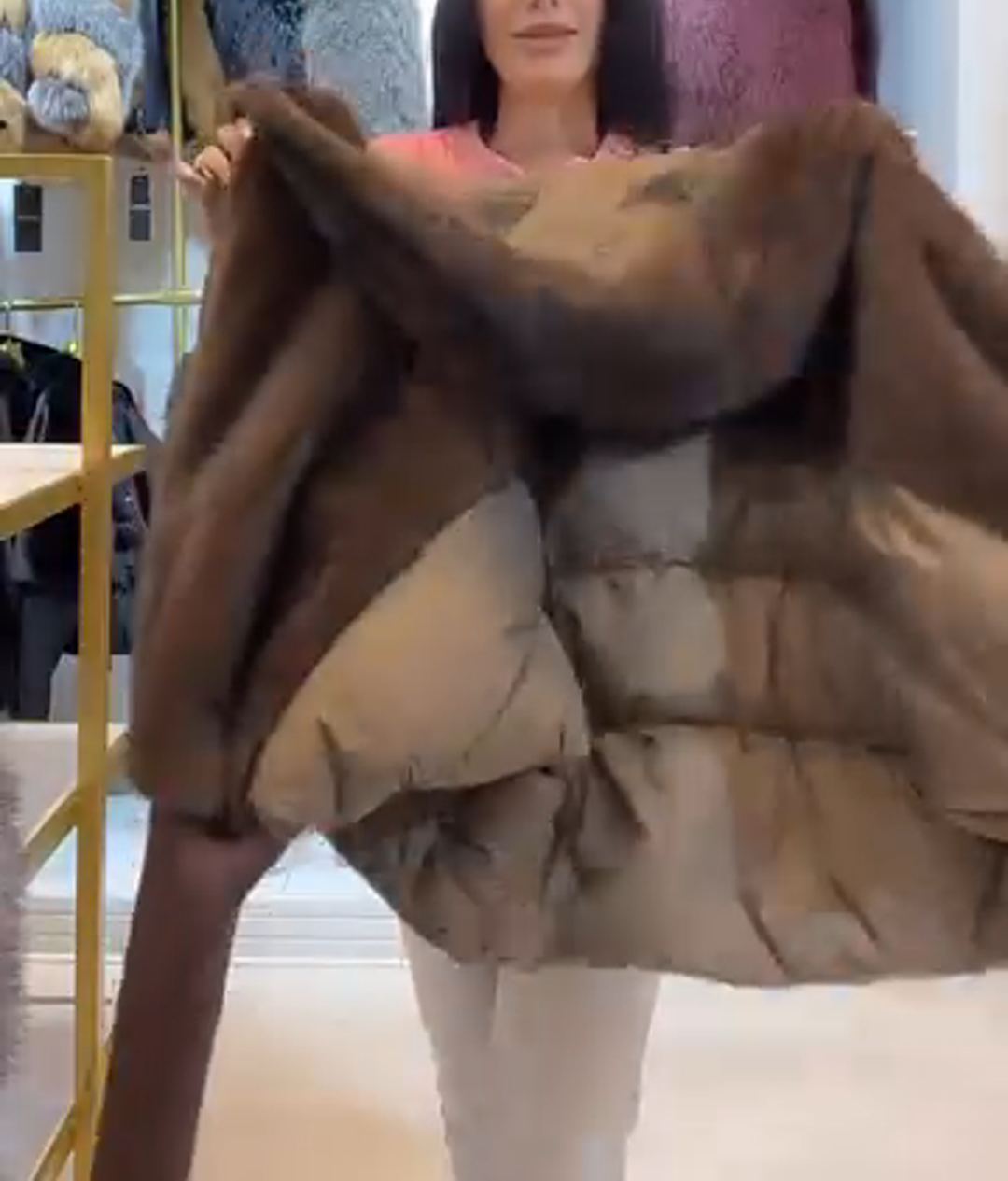 Fashion Luxe-Warm Brown Down Coat with Faux Fur Hood