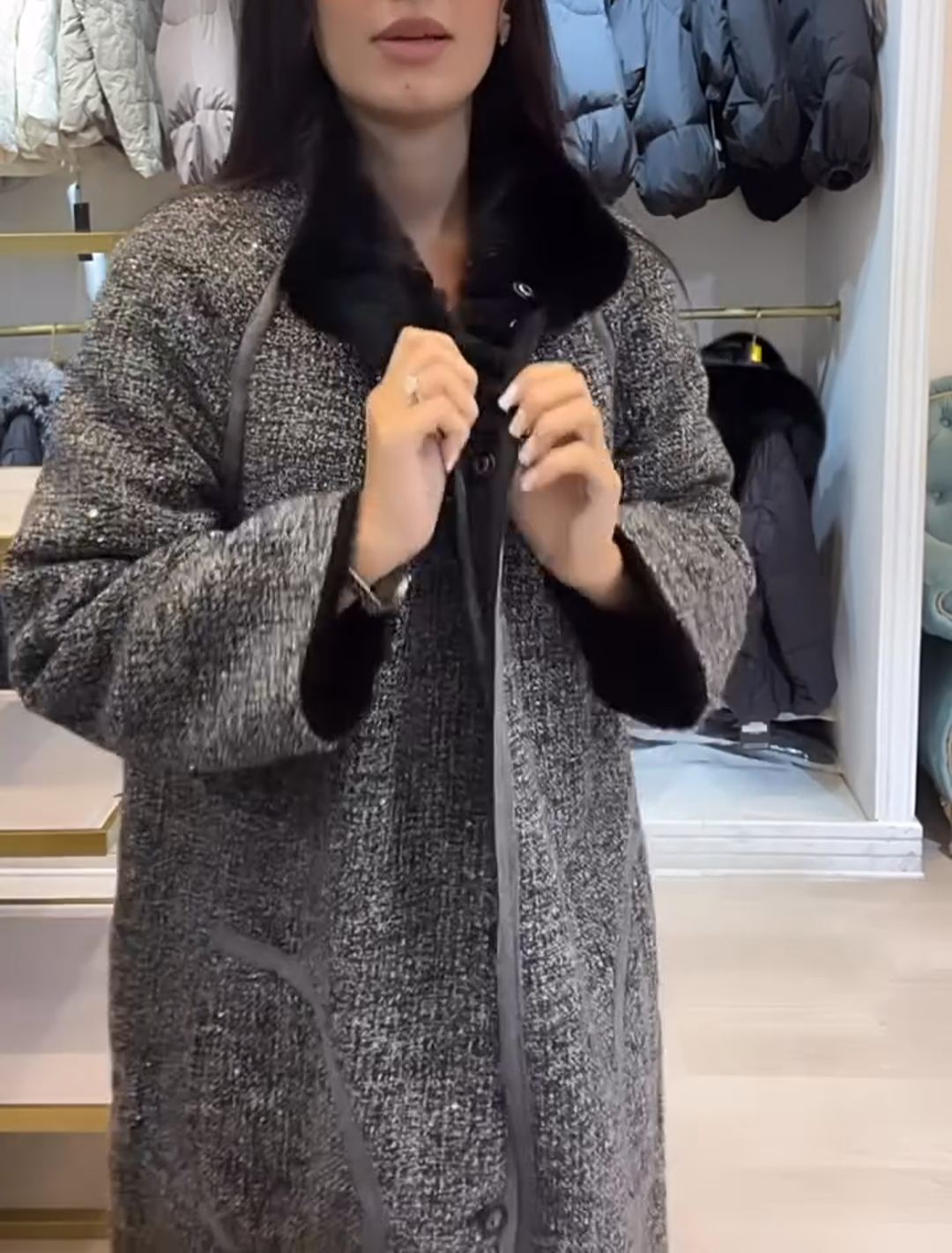 Light Luxury Reversible Tweed & Faux Fur Coat