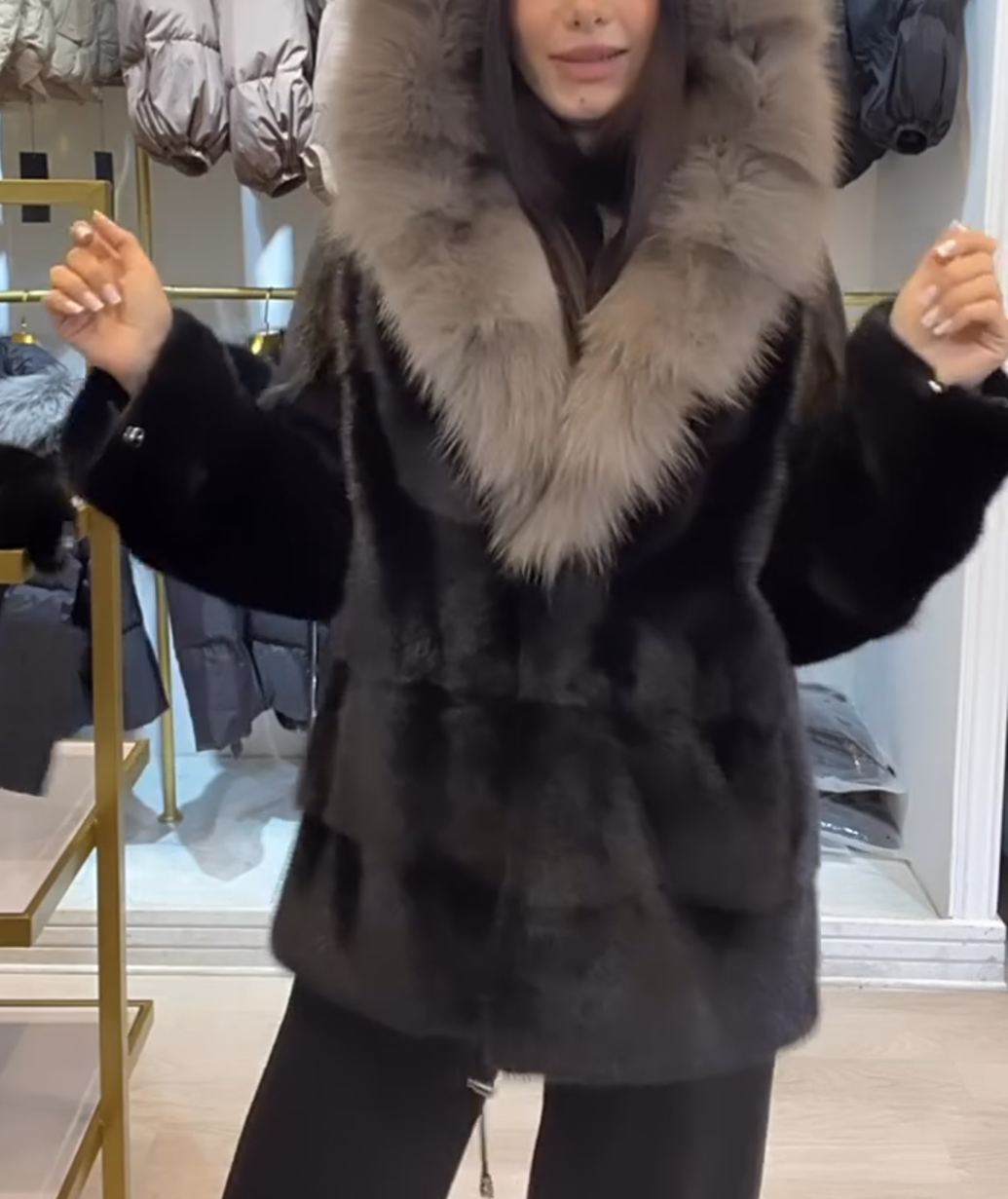 Winter Atmosphere Faux Mink Fur Coat with Two-Tone Faux Fox Hood