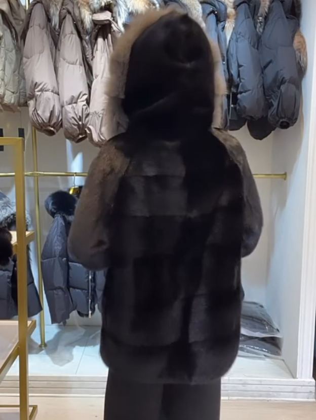 Winter Atmosphere Faux Mink Fur Coat with Two-Tone Faux Fox Hood