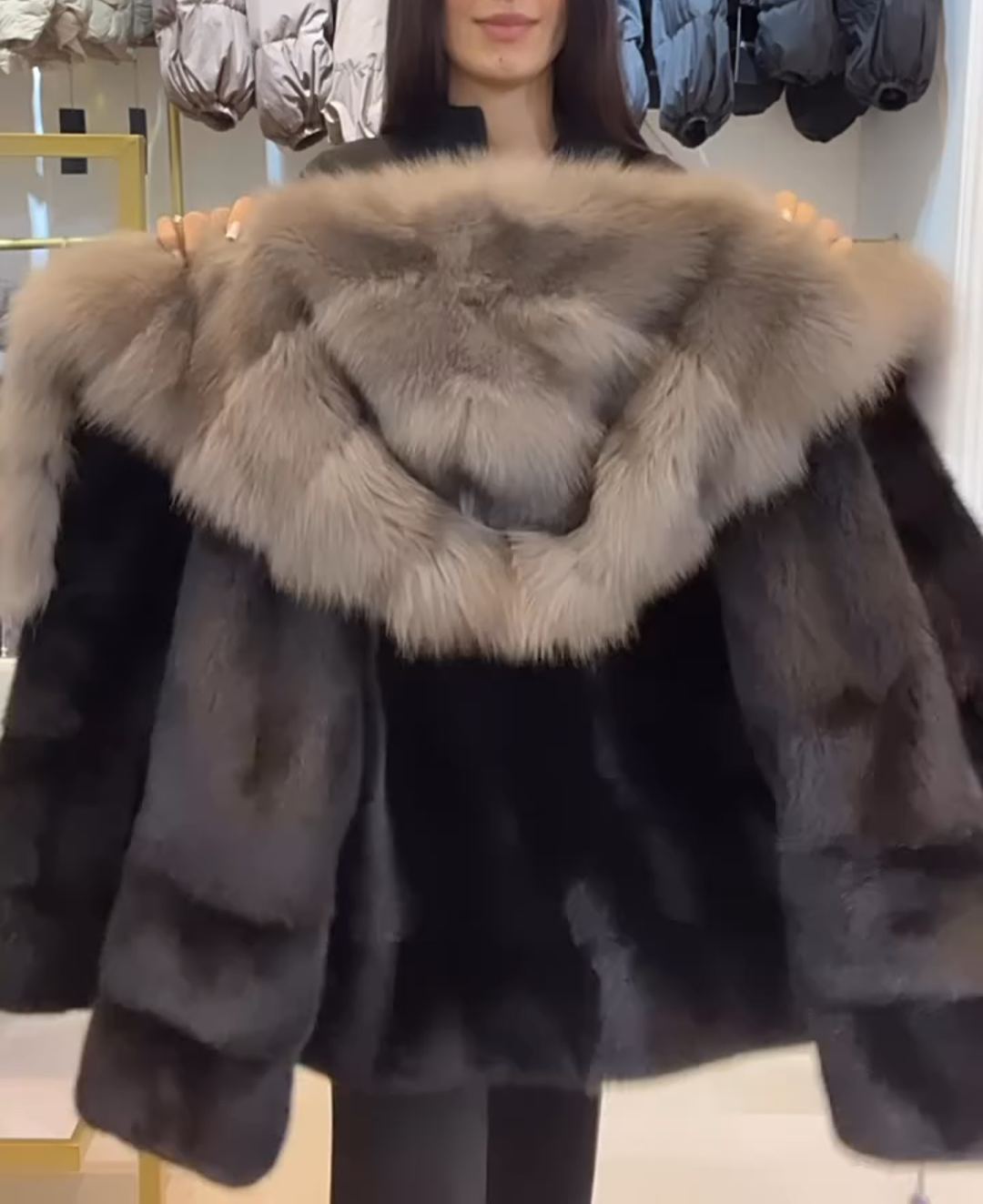 Winter Atmosphere Faux Mink Fur Coat with Two-Tone Faux Fox Hood