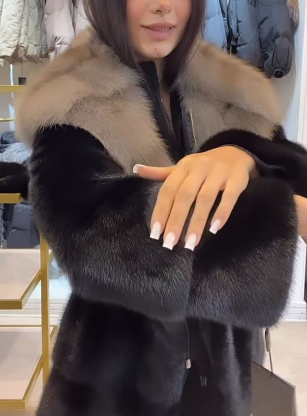 Winter Atmosphere Faux Mink Fur Coat with Two-Tone Faux Fox Hood