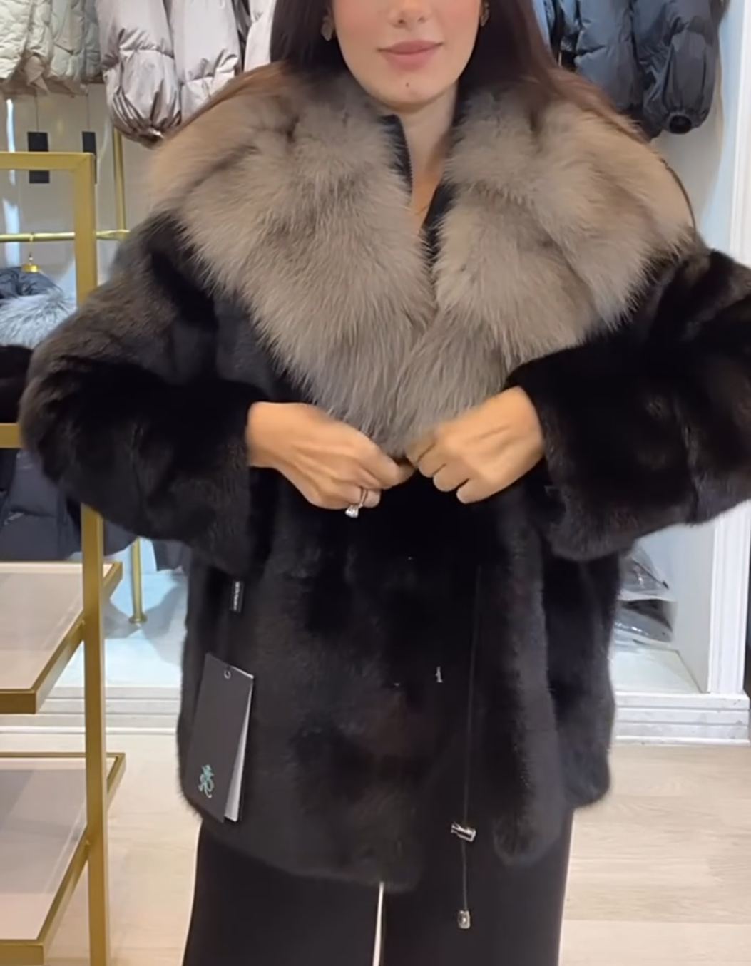 Winter Atmosphere Faux Mink Fur Coat with Two-Tone Faux Fox Hood