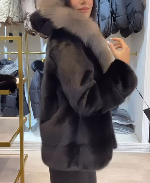 Winter Atmosphere Faux Mink Fur Coat with Two-Tone Faux Fox Hood