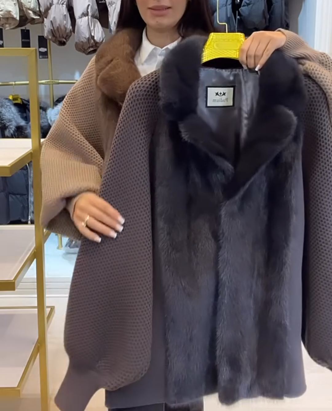 Fashion Textured Brown Faux Fur-Knit Coat