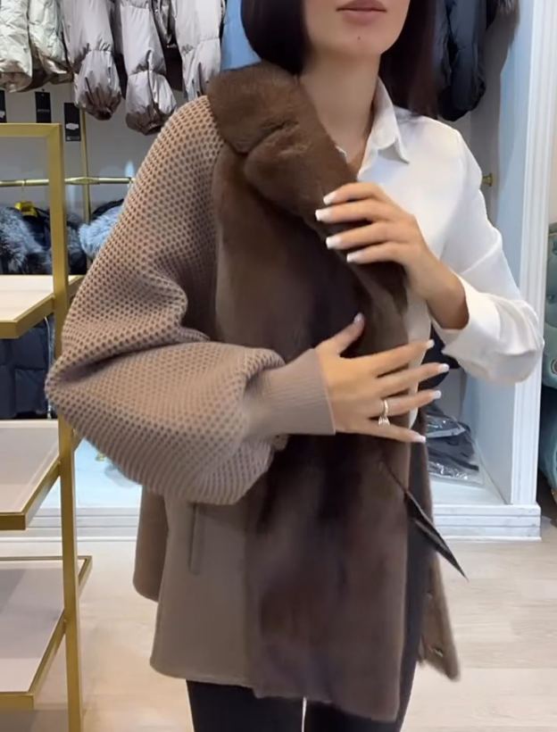 Fashion Textured Brown Faux Fur-Knit Coat