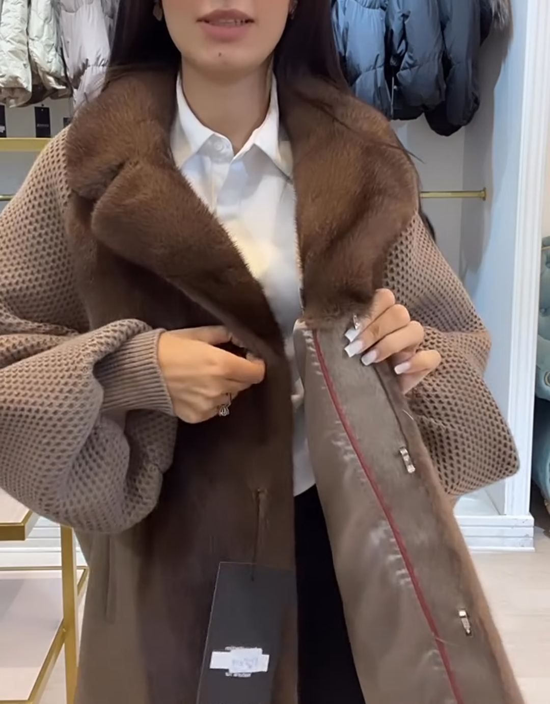Fashion Textured Brown Faux Fur-Knit Coat