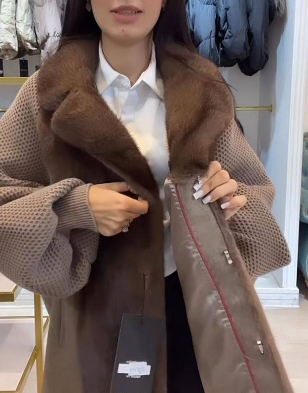 Fashion Textured Brown Faux Fur-Knit Coat
