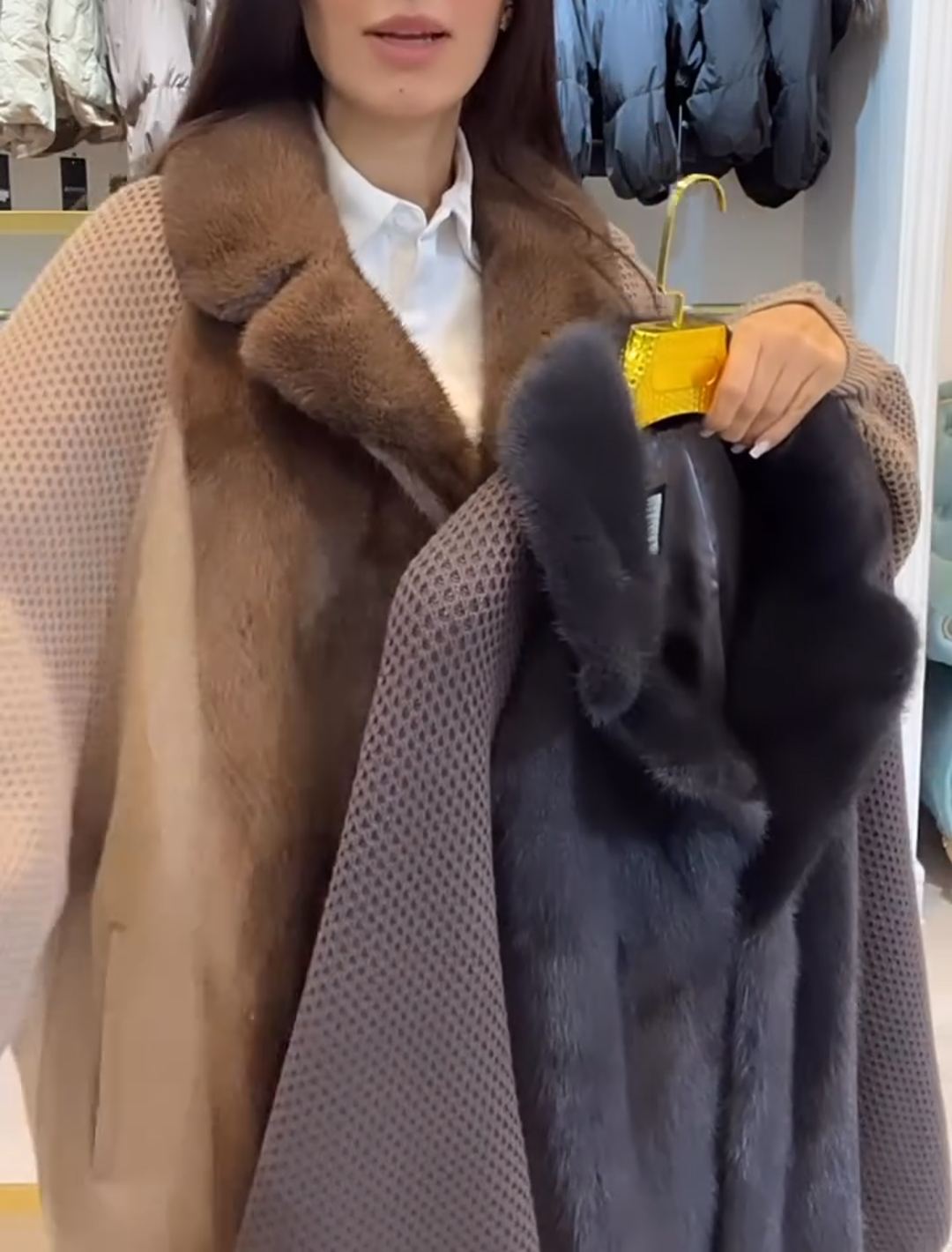 Fashion Textured Brown Faux Fur-Knit Coat