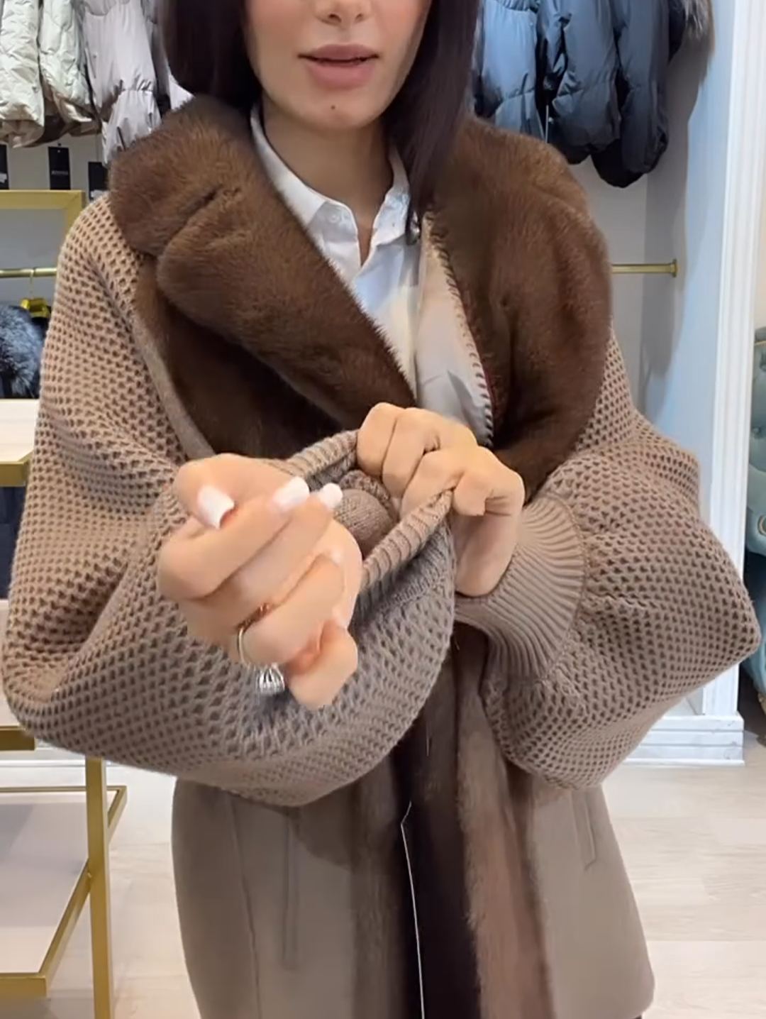 Fashion Textured Brown Faux Fur-Knit Coat