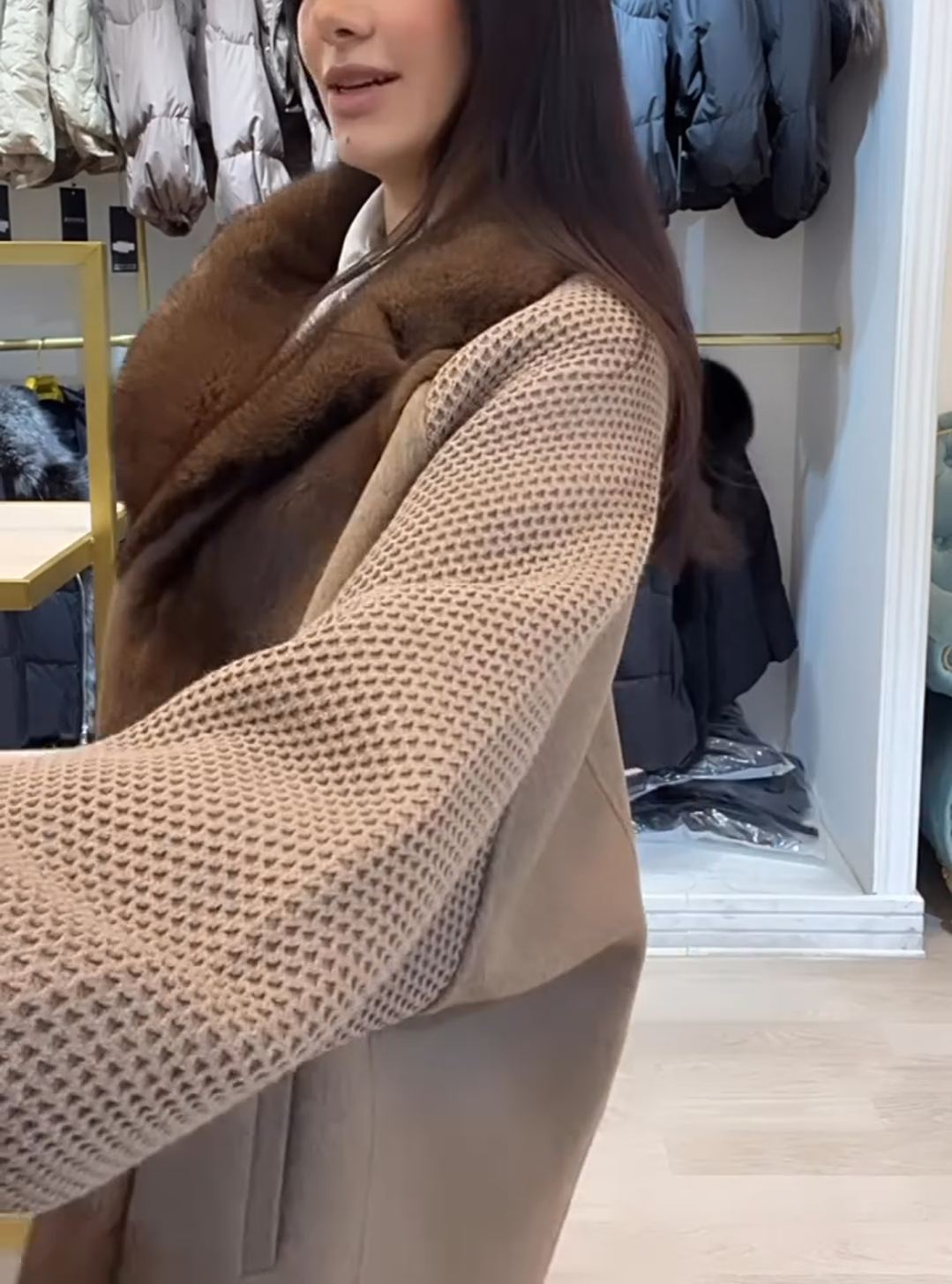 Fashion Textured Brown Faux Fur-Knit Coat