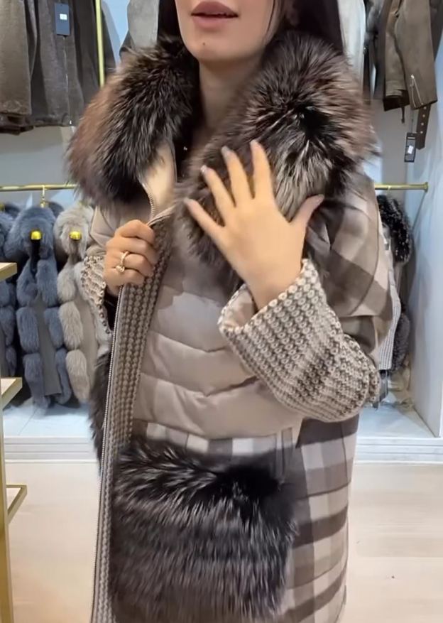 Light Luxury Textured Panel Puffer-Plaid Coat with Detachable Fur