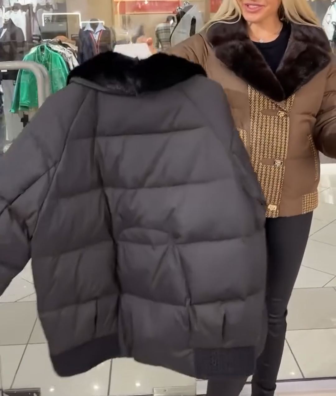 Textured Panel Brown Puffer Jacket with Faux Fur Collar