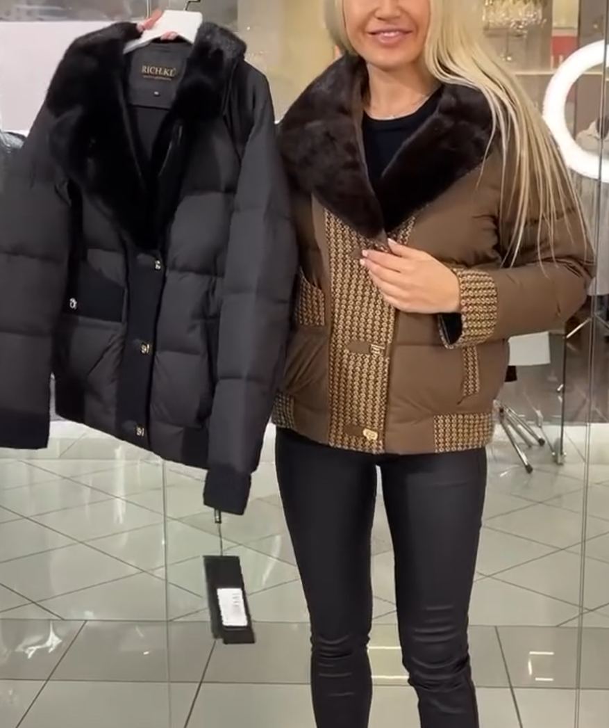 Textured Panel Brown Puffer Jacket with Faux Fur Collar