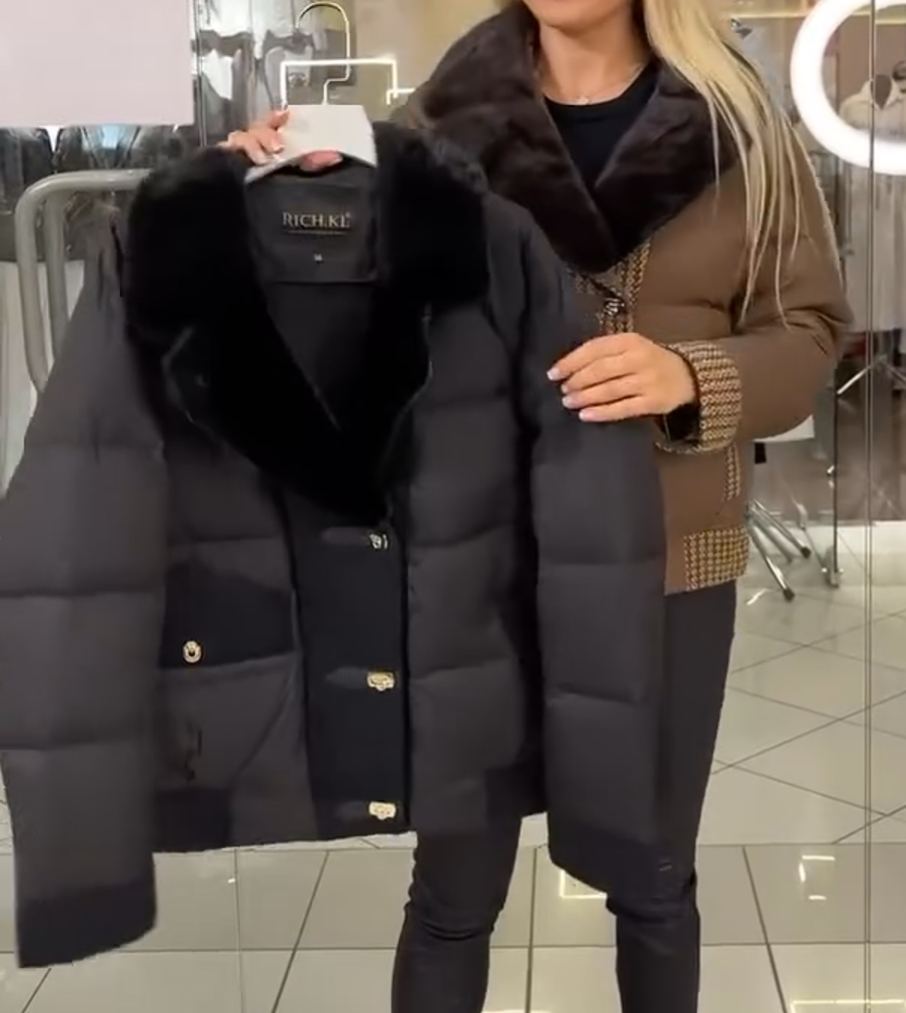 Textured Panel Brown Puffer Jacket with Faux Fur Collar