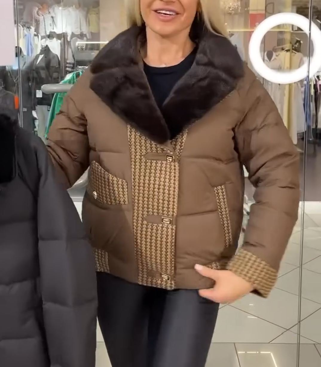 Textured Panel Brown Puffer Jacket with Faux Fur Collar