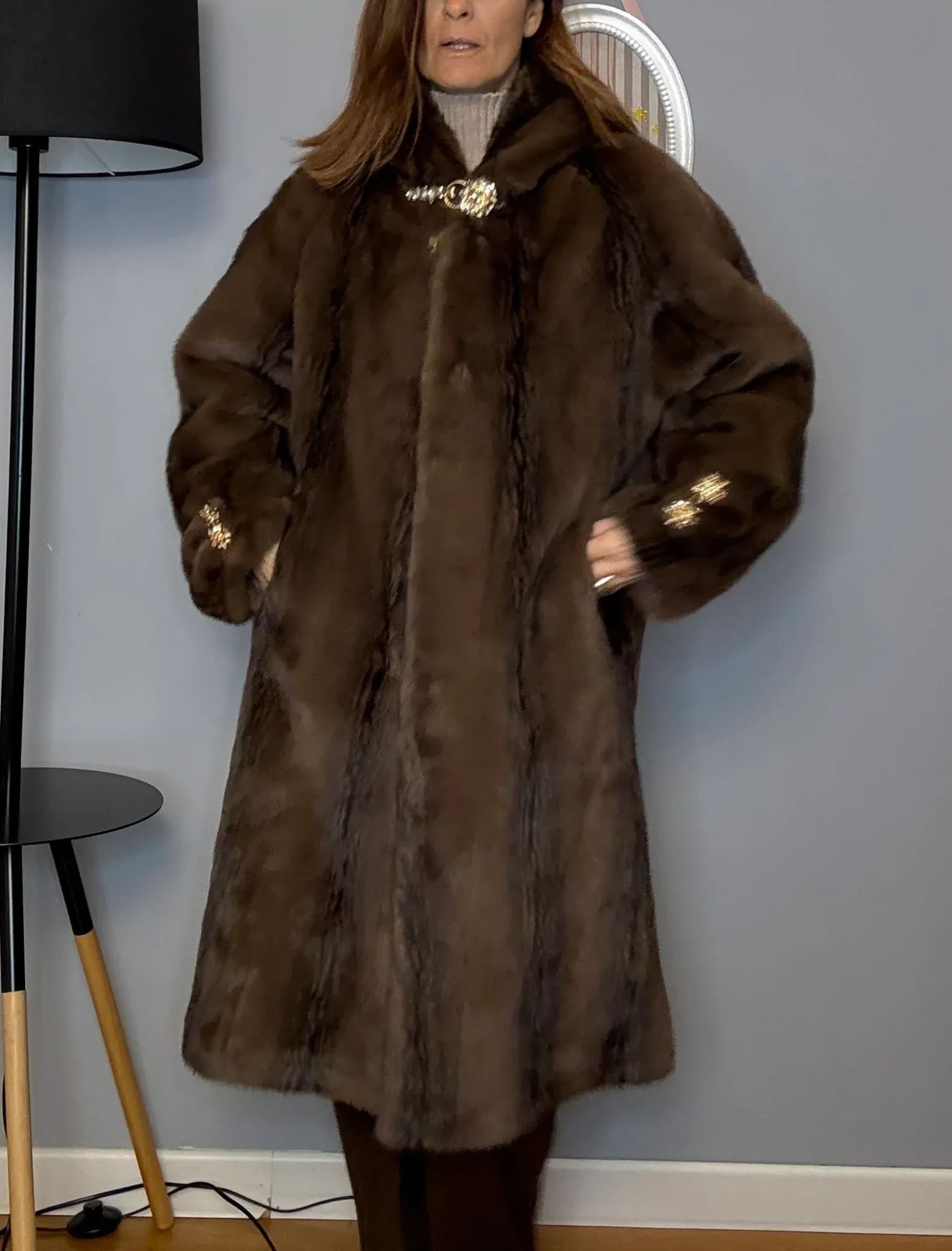 Luxury Gradient Brown Faux Fur Coat with Crystal Embellishments