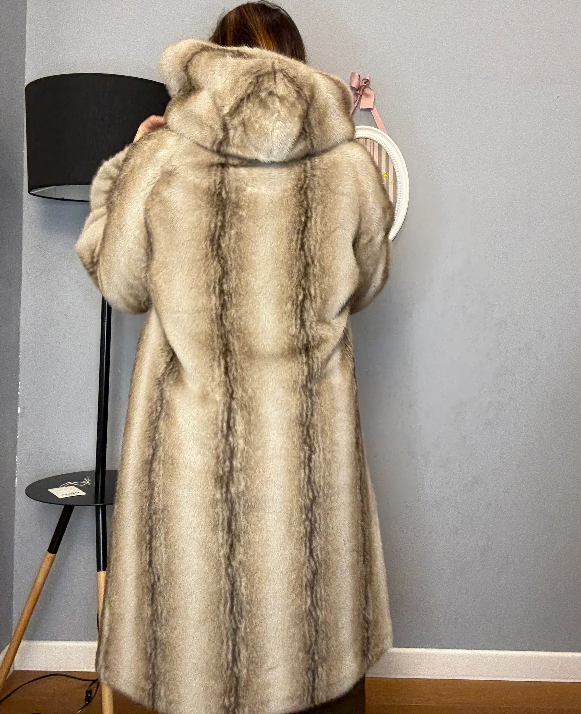 Luxury Gradient Brown Faux Fur Coat with Crystal Embellishments