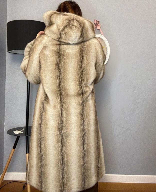 Luxury Gradient Brown Faux Fur Coat with Crystal Embellishments
