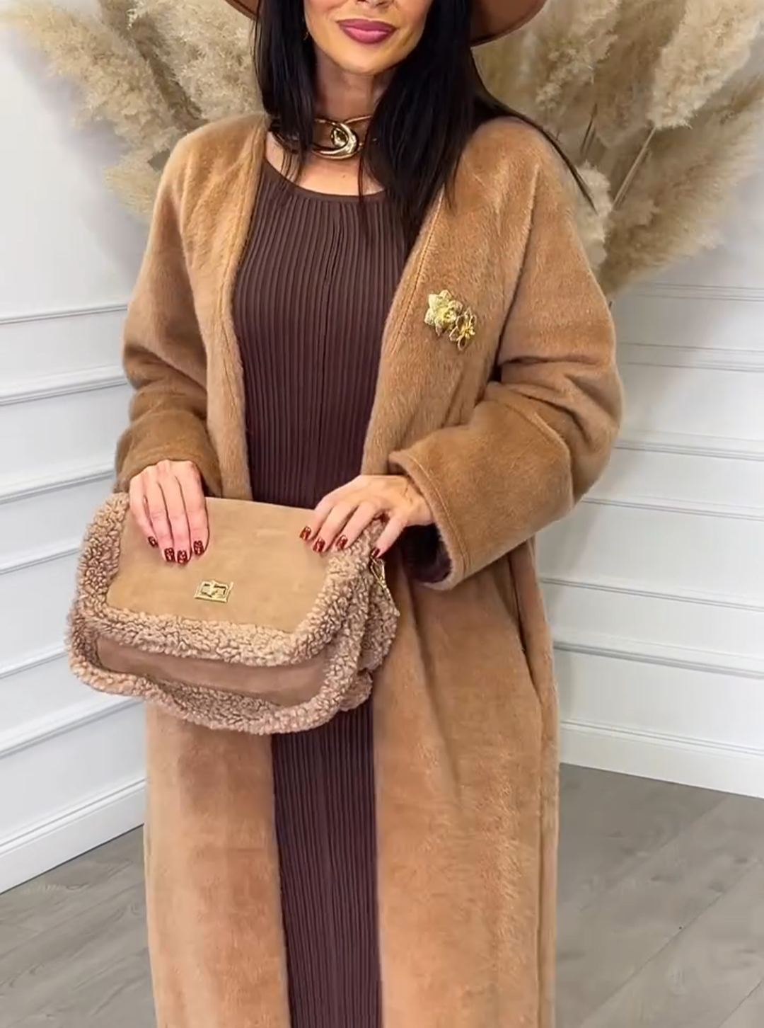 Light Luxury Decorative Camel Faux Fur Long Coat