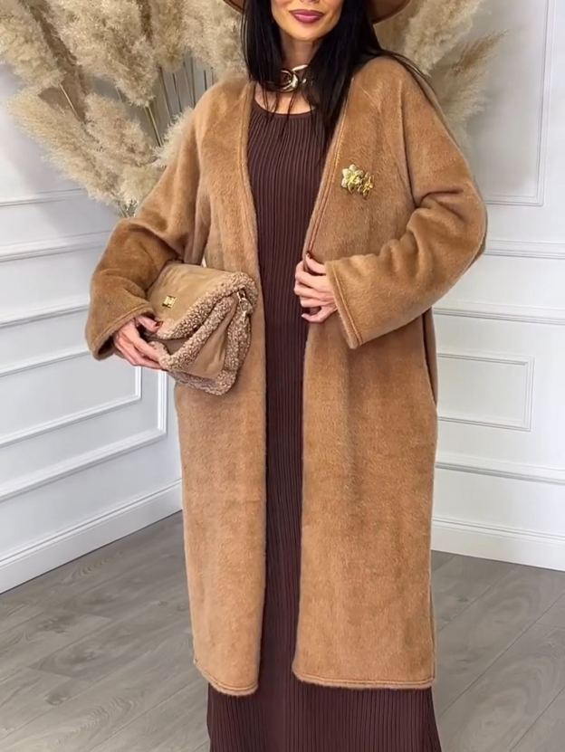 Light Luxury Decorative Camel Faux Fur Long Coat