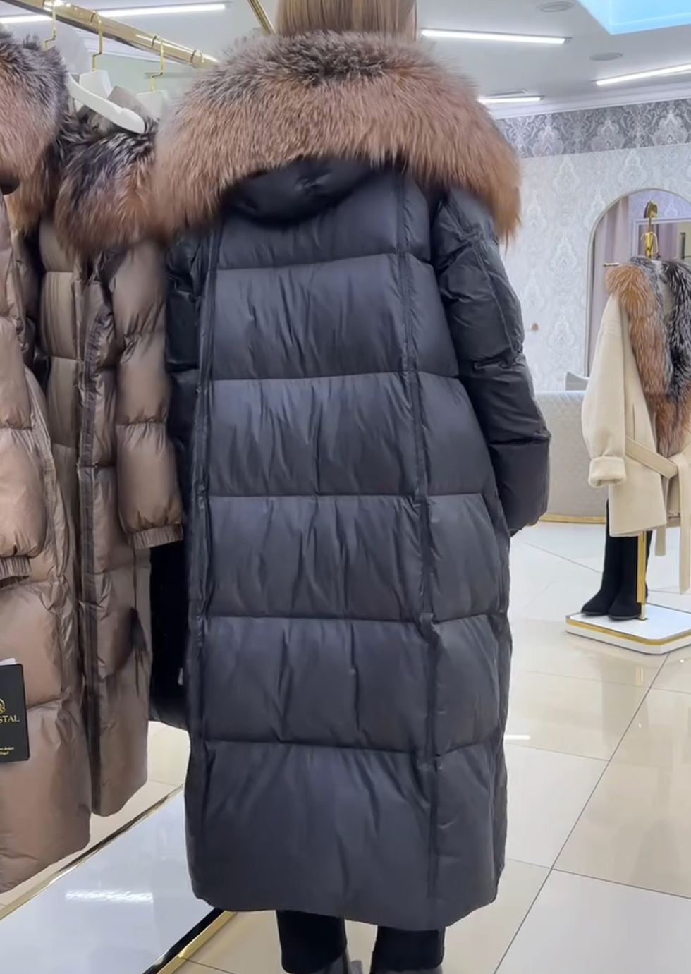 Luxury Warm Full-Length Black Puffer Coat with Faux Fur Hood
