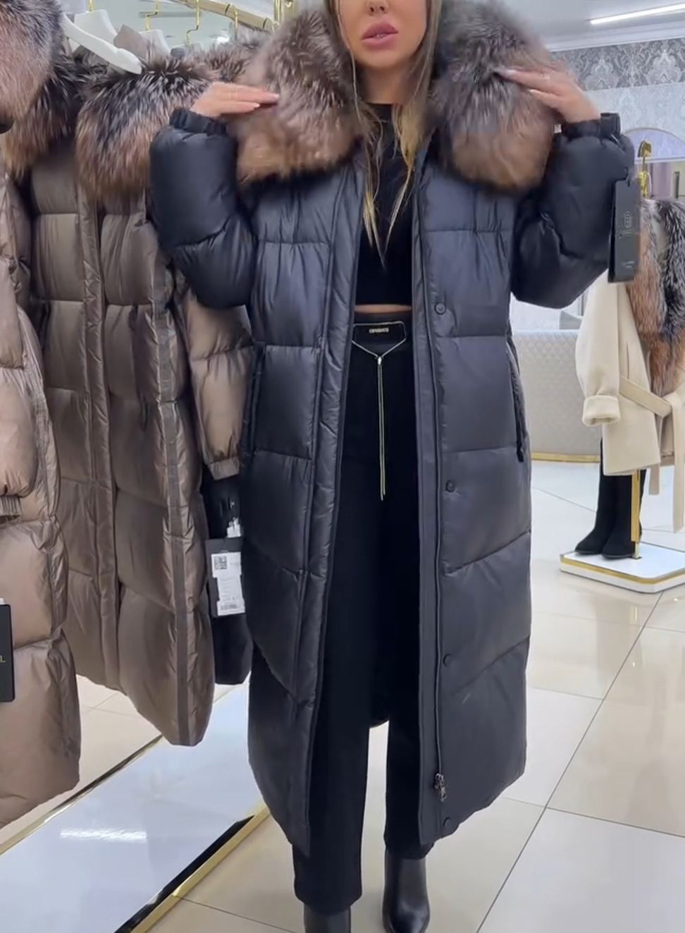 Luxury Warm Full-Length Black Puffer Coat with Faux Fur Hood