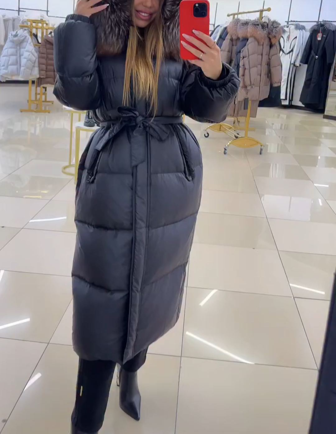 Luxury Warm Full-Length Black Puffer Coat with Faux Fur Hood