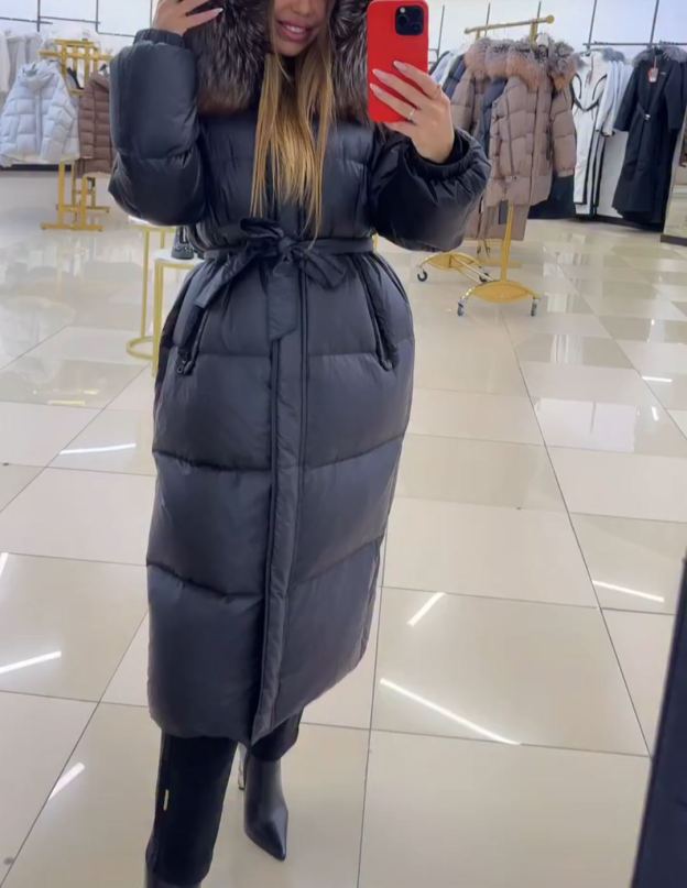 Luxury Warm Full-Length Black Puffer Coat with Faux Fur Hood