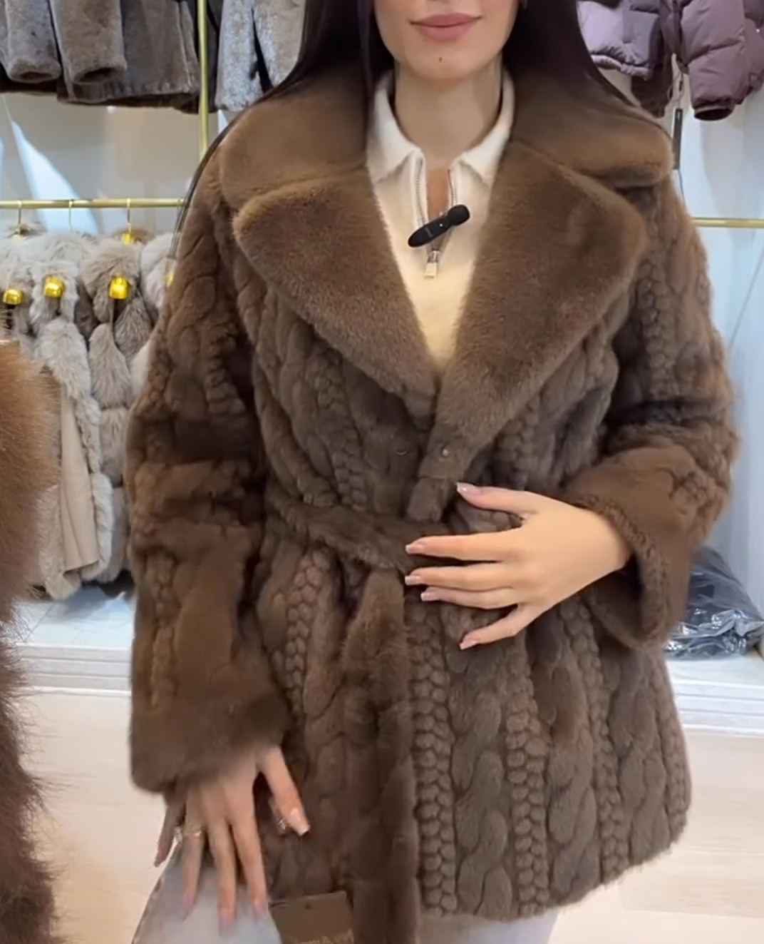 Urban Waist-Tie Brown Faux Fur Coat