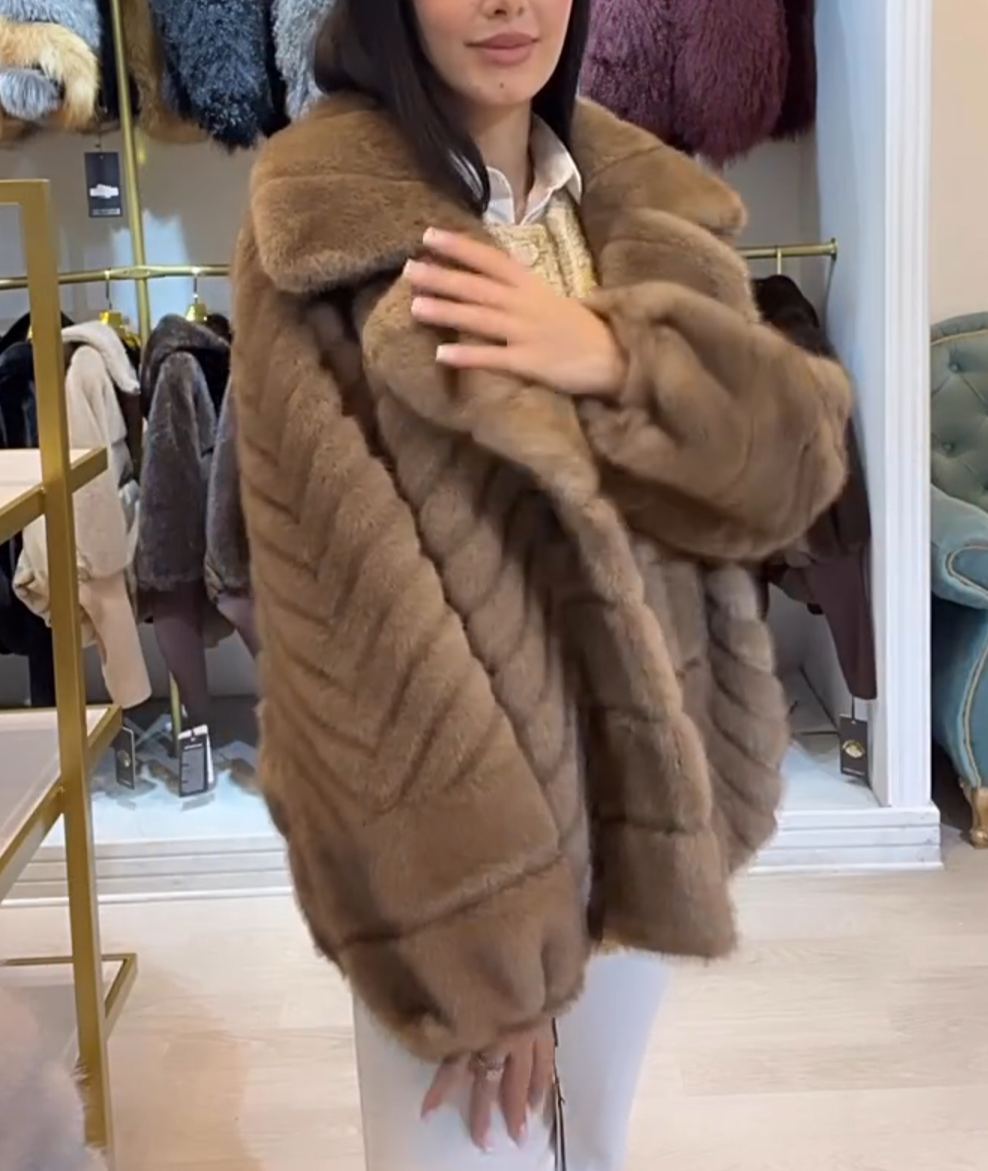 Luxury Herringbone Textured Camel Faux Fur Coat