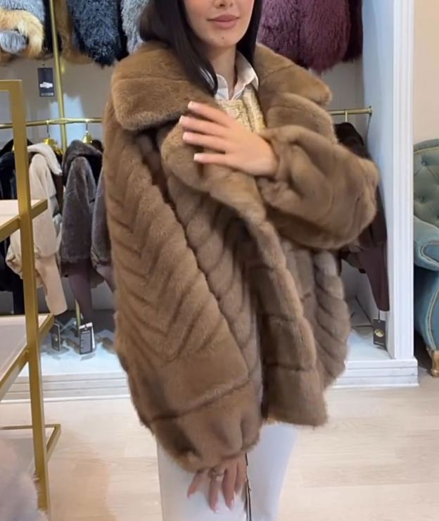 Luxury Herringbone Textured Camel Faux Fur Coat