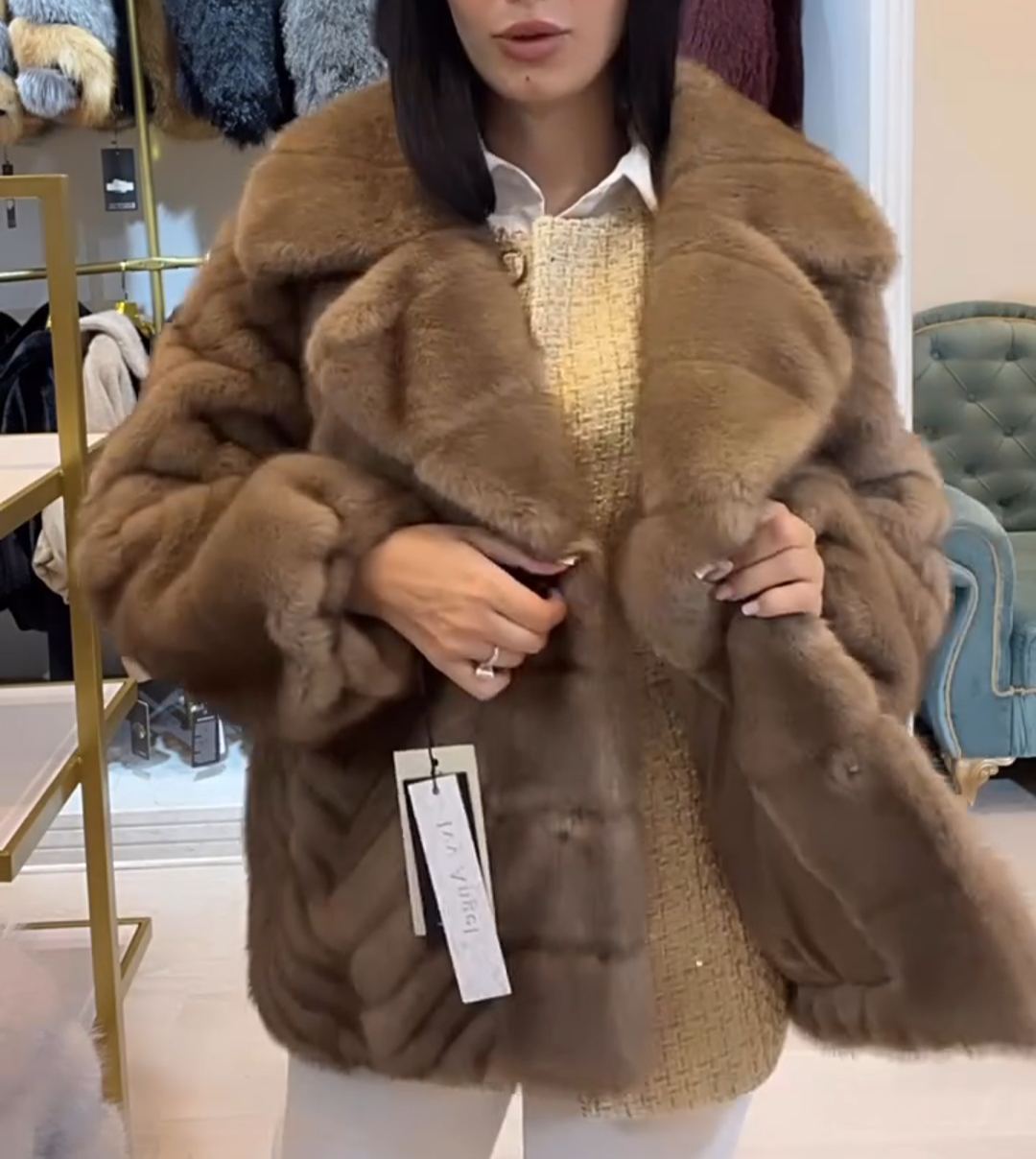 Luxury Herringbone Textured Camel Faux Fur Coat